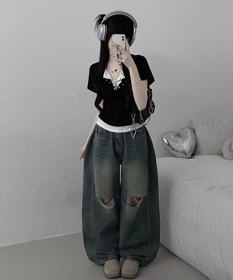 디크더블버튼또또배색레이어드긴팔티셔츠 블랙