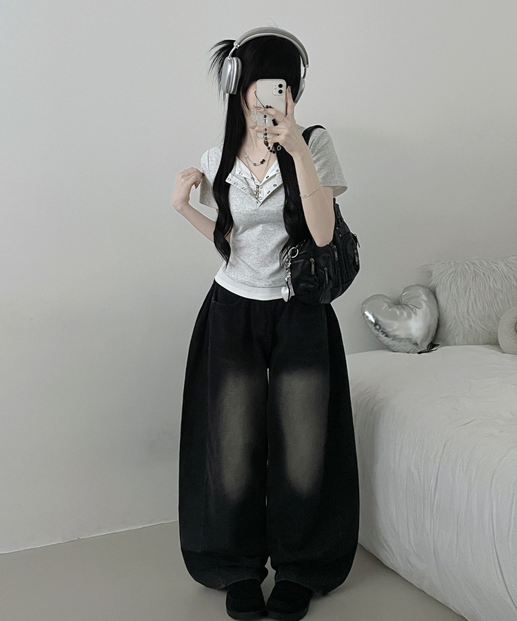 디크더블버튼또또배색레이어드긴팔티셔츠 그레이