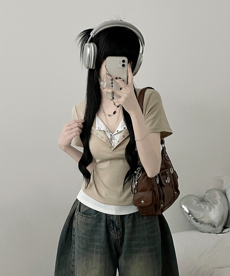 디크더블버튼또또배색레이어드긴팔티셔츠 베이지