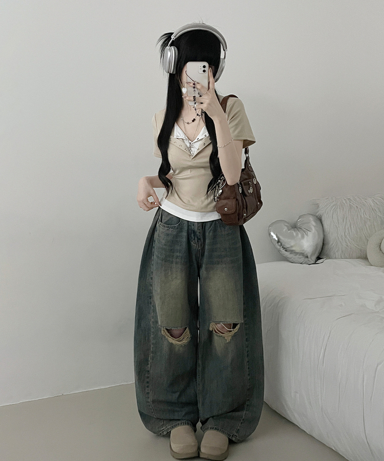 디크더블버튼또또배색레이어드긴팔티셔츠 베이지