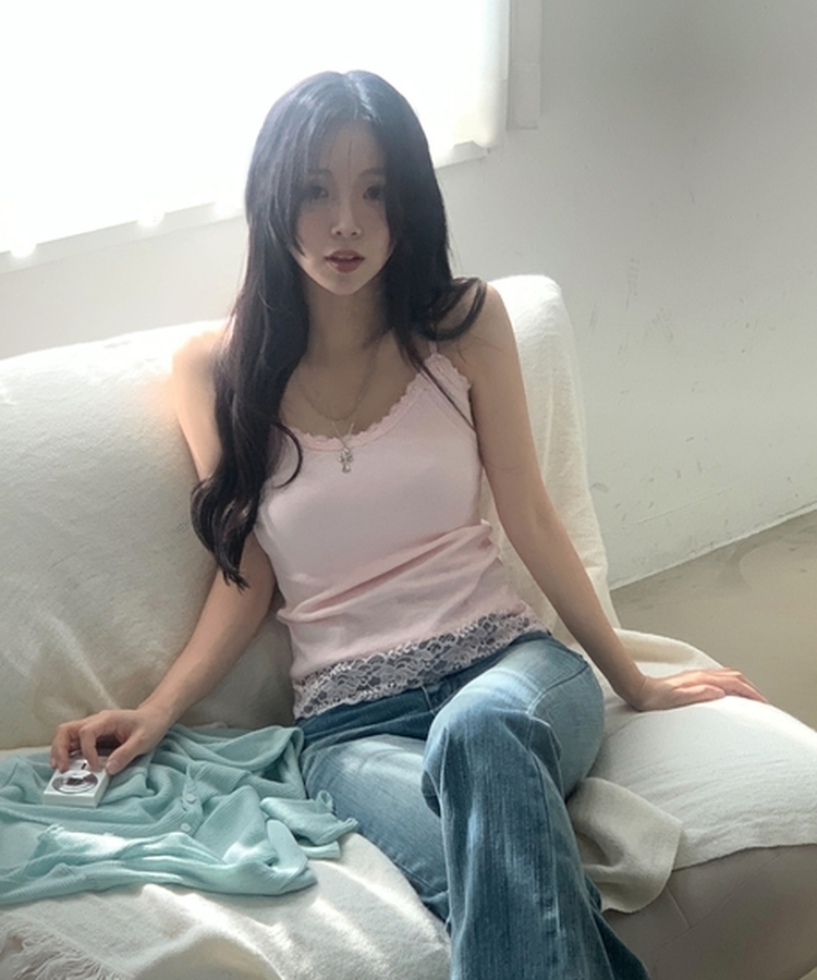 Made 로즈 레이스 프릴 끈나시 탑 뷔스티에 4color 핑크