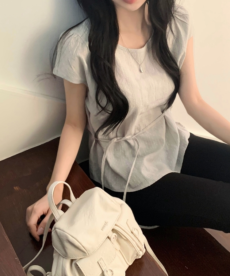 Made 링클 레이스 허리끈 캡소매 반팔 블라우스 4color 민트