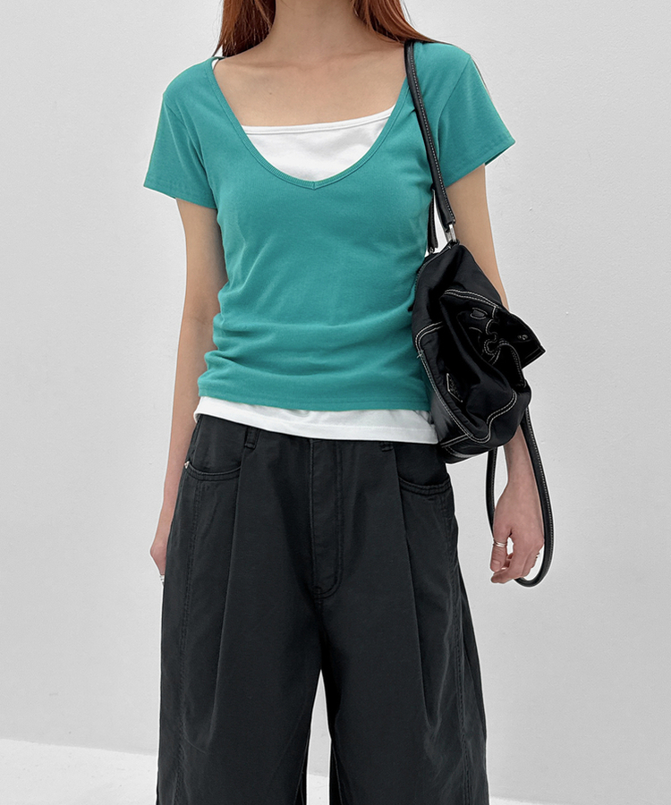ディープVネック半袖Tシャツ(5color) BLUEGREEN