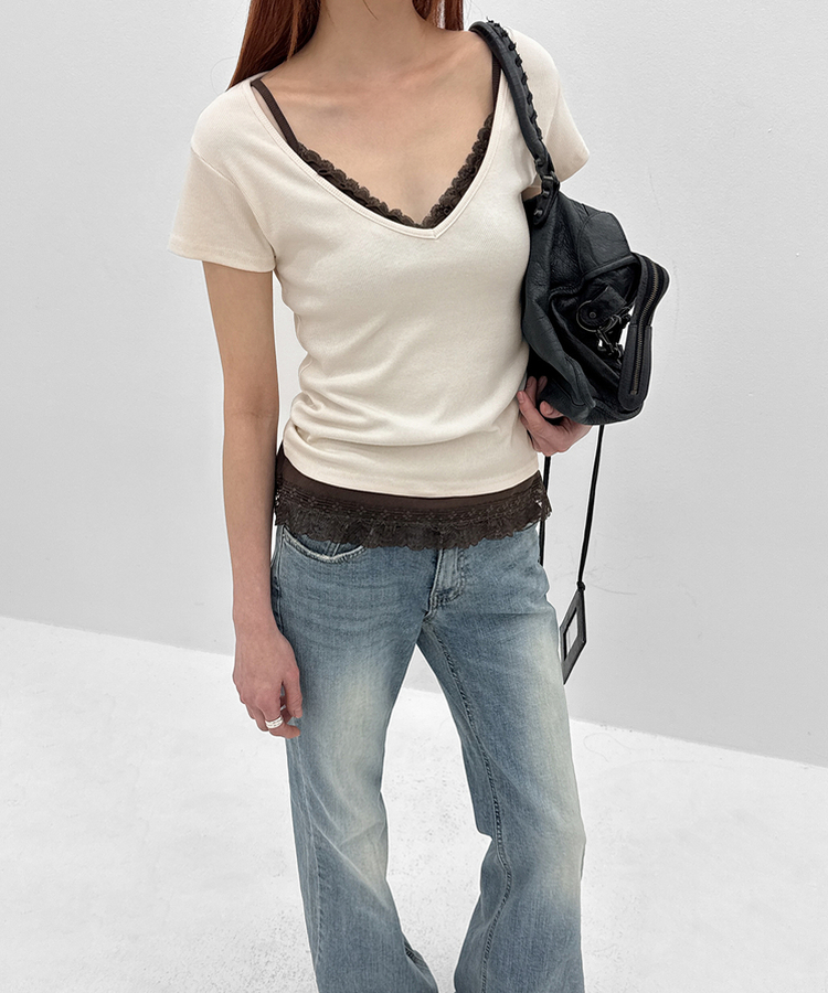 ディープVネック半袖Tシャツ(5color) CREAM