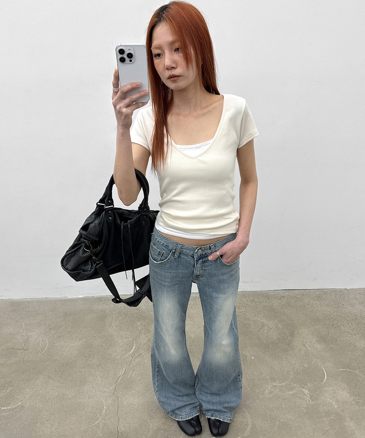 ディープVネック半袖Tシャツ(5color) CREAM