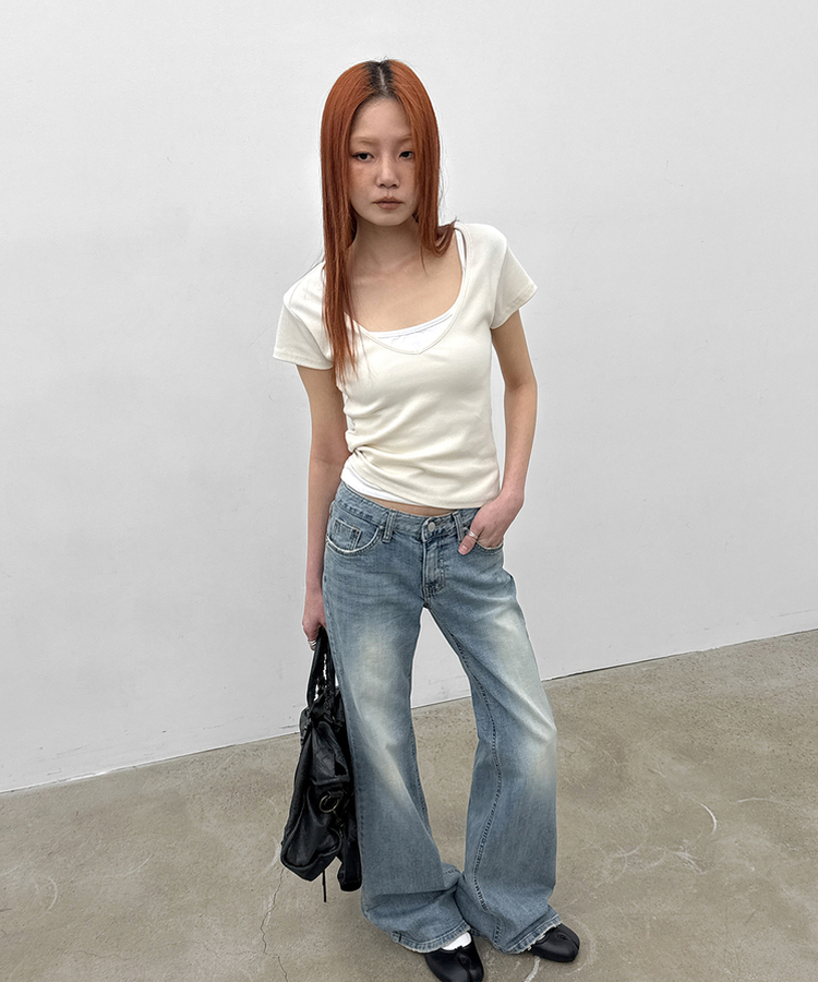 ディープVネック半袖Tシャツ(5color) CREAM