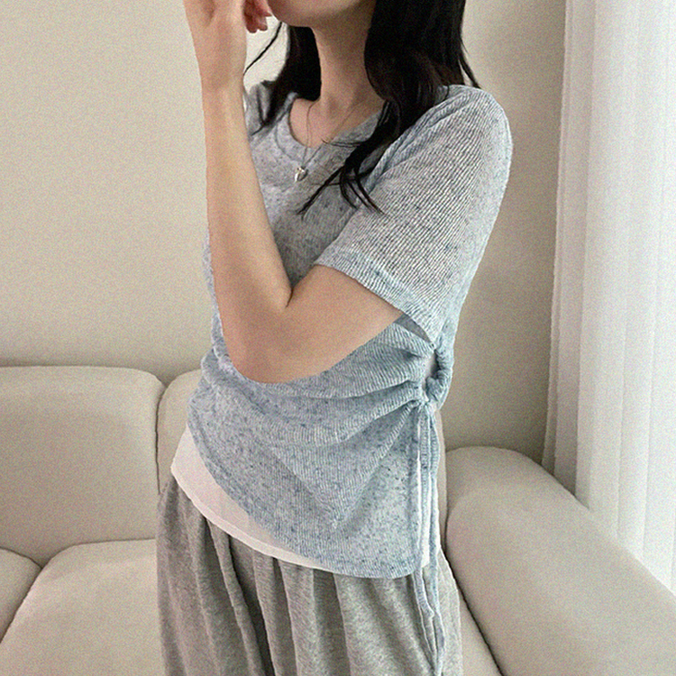 【SET】アシメシャーリングシアーニットTシャツ SKY BLUE