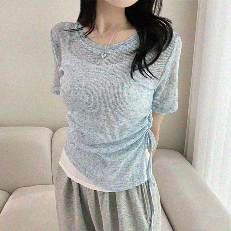 【SET】アシメシャーリングシアーニットTシャツ SKY BLUE