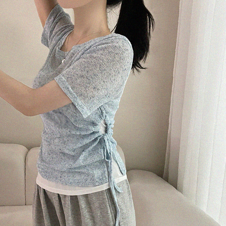 【SET】アシメシャーリングシアーニットTシャツ SKY BLUE
