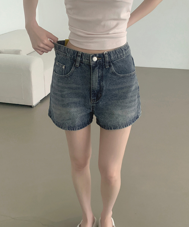 2XL여름 롱다리핏 A라인 밴딩 데님 반바지 빈티지중청