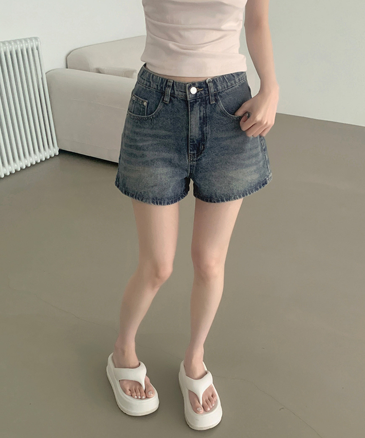 2XL여름 롱다리핏 A라인 밴딩 데님 반바지 빈티지중청