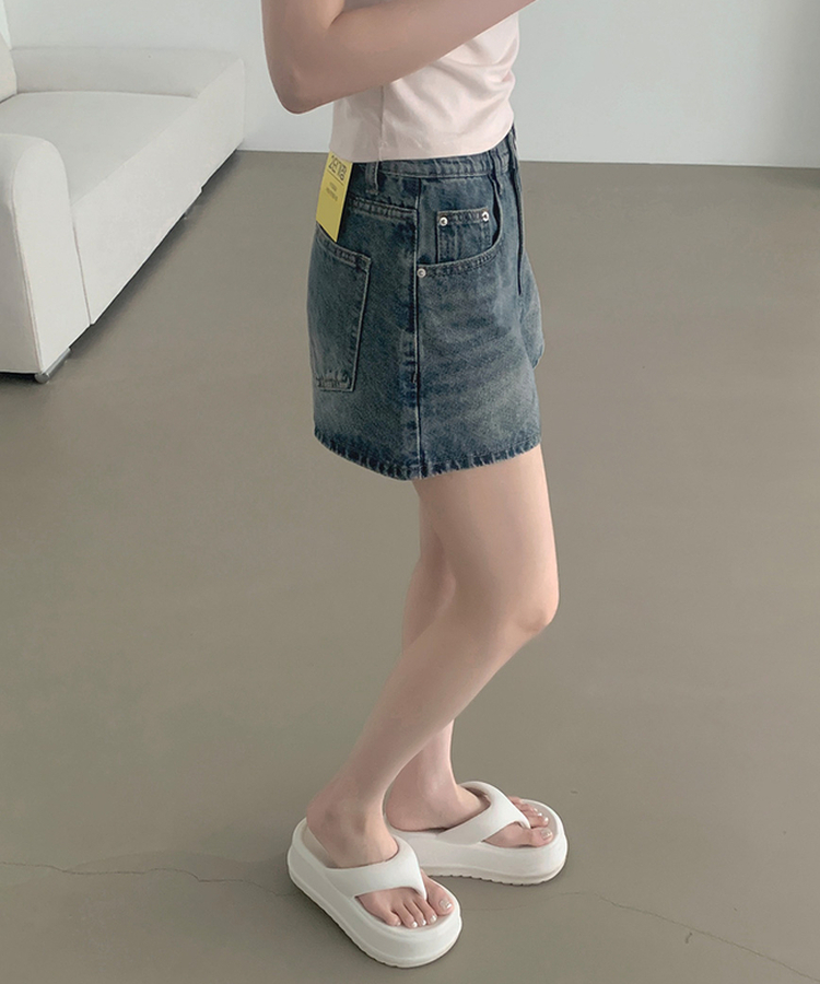 2XL여름 롱다리핏 A라인 밴딩 데님 반바지 빈티지중청