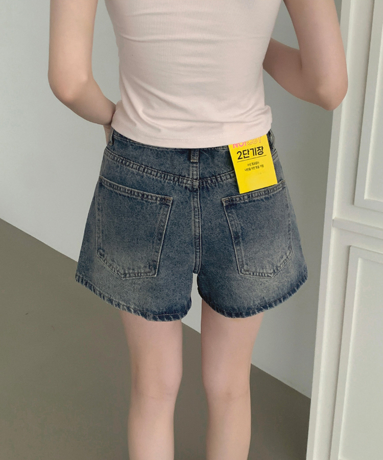 2XL여름 롱다리핏 A라인 밴딩 데님 반바지 빈티지중청