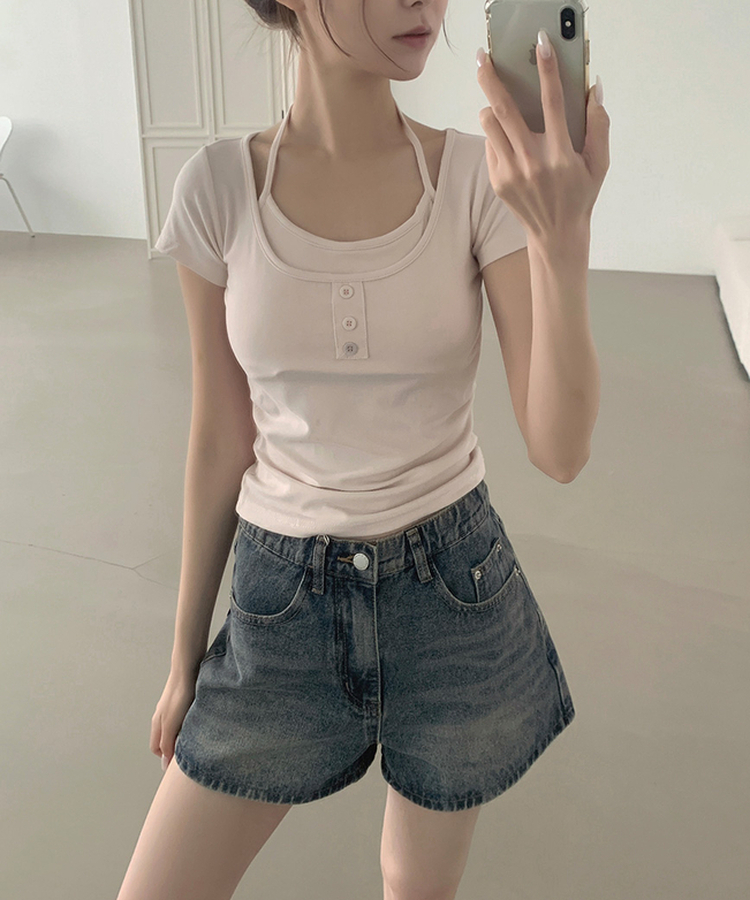 2XL여름 롱다리핏 A라인 밴딩 데님 반바지 빈티지중청
