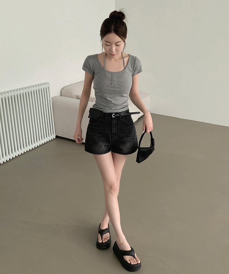 2XL여름 롱다리핏 A라인 밴딩 데님 반바지 흑청