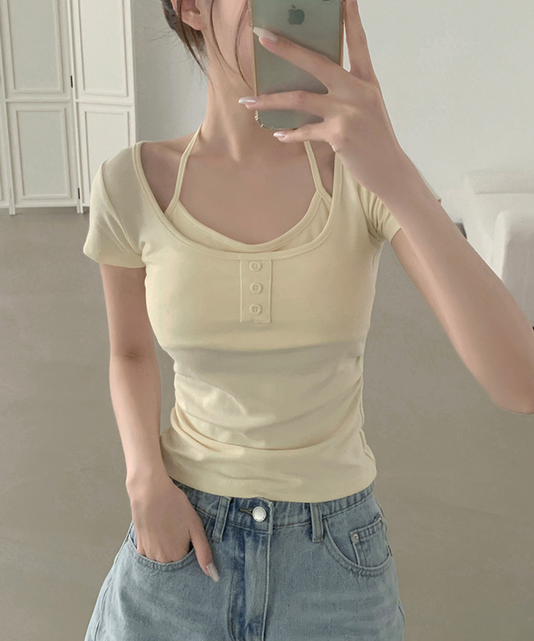 여리핏 캡내장 홀터끈 일체형 셔링 반팔 티셔츠 아이보리