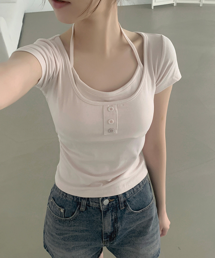 여리핏 캡내장 홀터끈 일체형 셔링 반팔 티셔츠 핑크