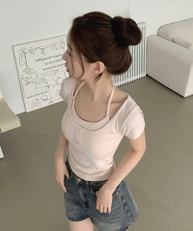 여리핏 캡내장 홀터끈 일체형 셔링 반팔 티셔츠 핑크