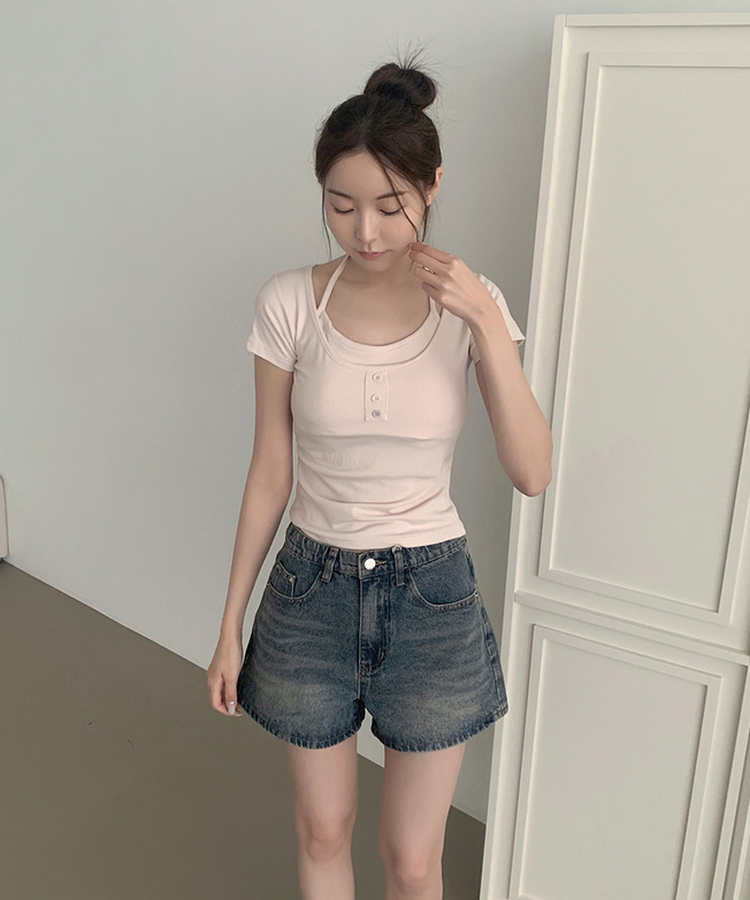 여리핏 캡내장 홀터끈 일체형 셔링 반팔 티셔츠 핑크