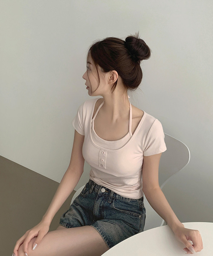 여리핏 캡내장 홀터끈 일체형 셔링 반팔 티셔츠 핑크