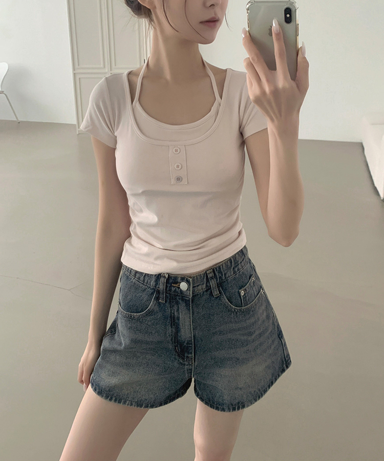여리핏 캡내장 홀터끈 일체형 셔링 반팔 티셔츠 핑크