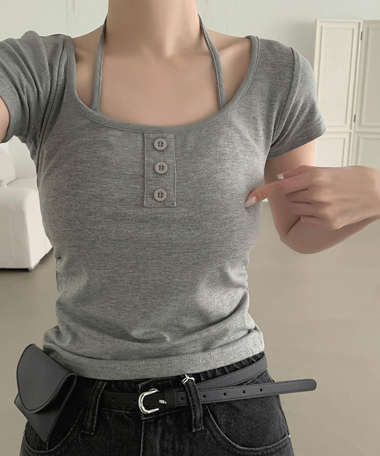 여리핏 캡내장 홀터끈 일체형 셔링 반팔 티셔츠 그레이