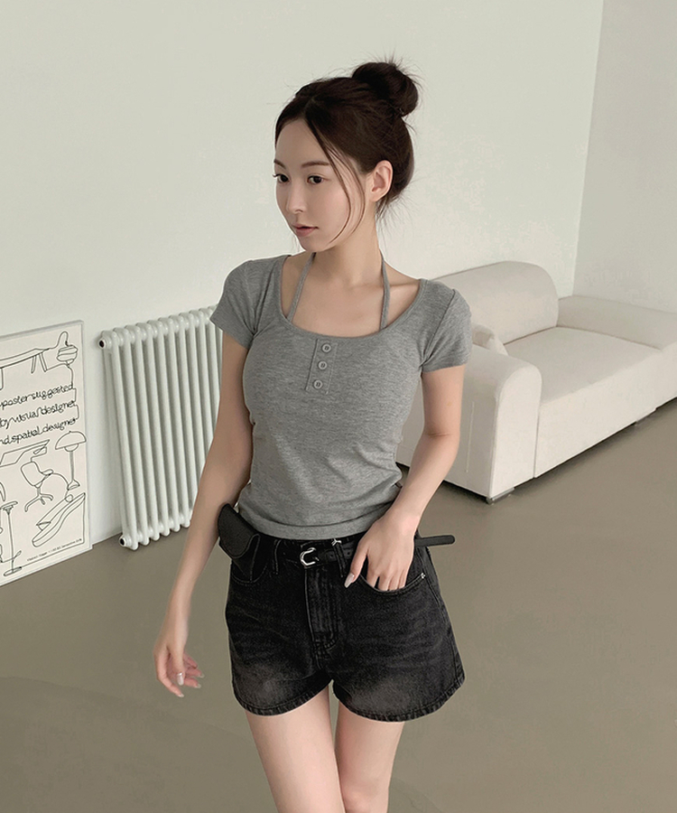 여리핏 캡내장 홀터끈 일체형 셔링 반팔 티셔츠 그레이