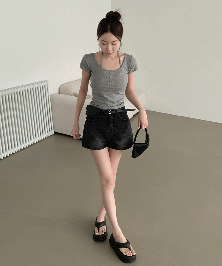 여리핏 캡내장 홀터끈 일체형 셔링 반팔 티셔츠 그레이