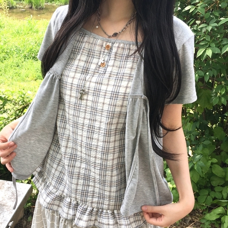 여름모리걸 레이어드 체크 리본 프릴 나시 일체형 반팔 티셔츠 블라우스 그레이