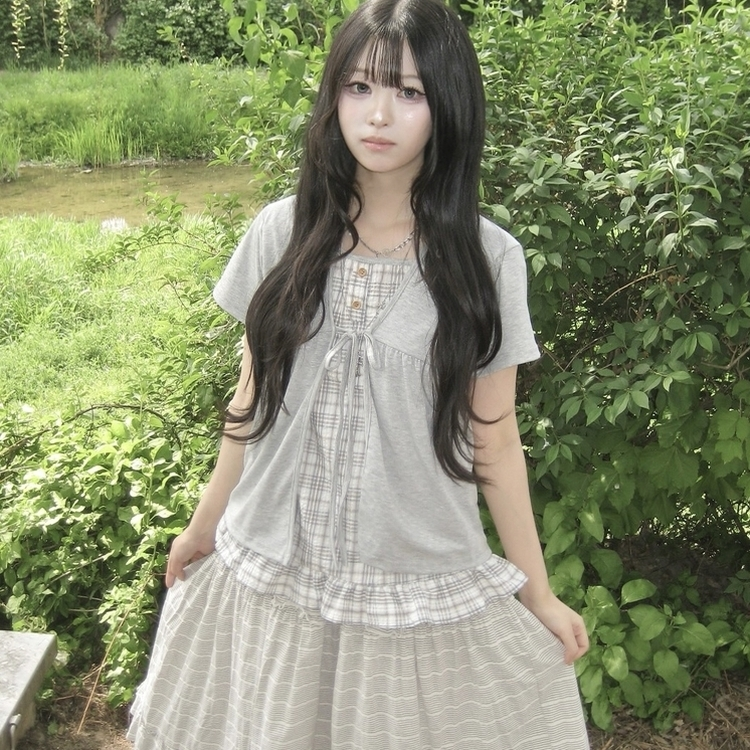 여름모리걸 레이어드 체크 리본 프릴 나시 일체형 반팔 티셔츠 블라우스 그레이
