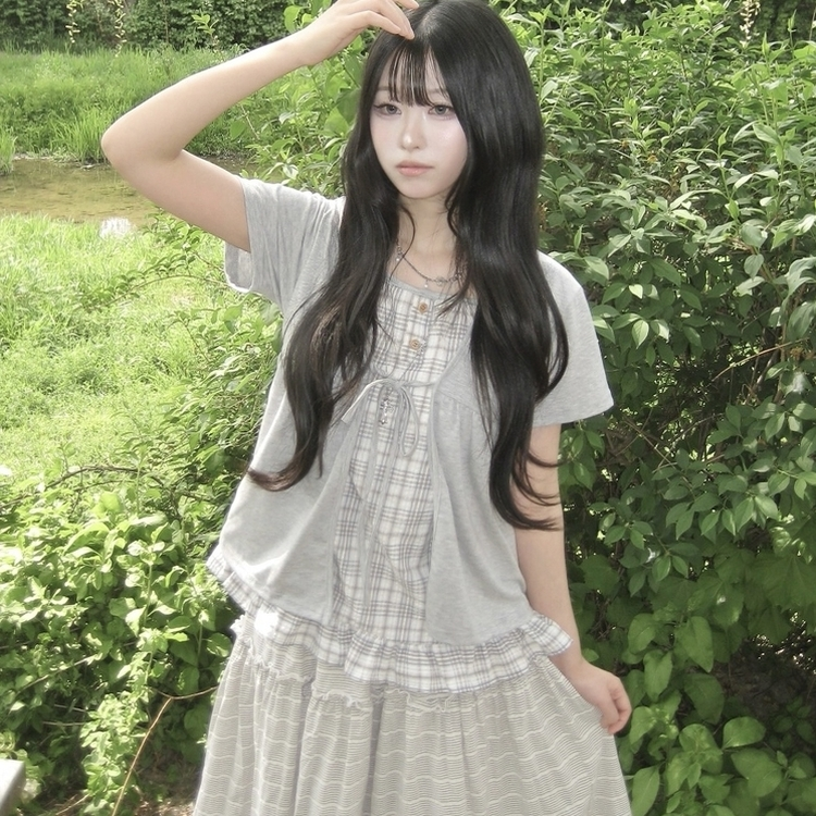 여름모리걸 레이어드 체크 리본 프릴 나시 일체형 반팔 티셔츠 블라우스 그레이