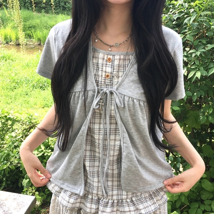 여름모리걸 레이어드 체크 리본 프릴 나시 일체형 반팔 티셔츠 블라우스 그레이