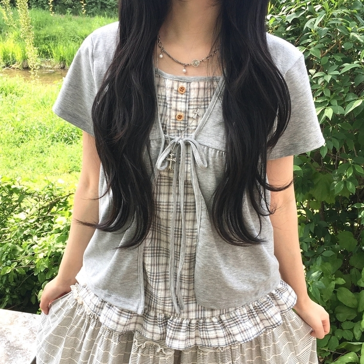 여름모리걸 레이어드 체크 리본 프릴 나시 일체형 반팔 티셔츠 블라우스 그레이