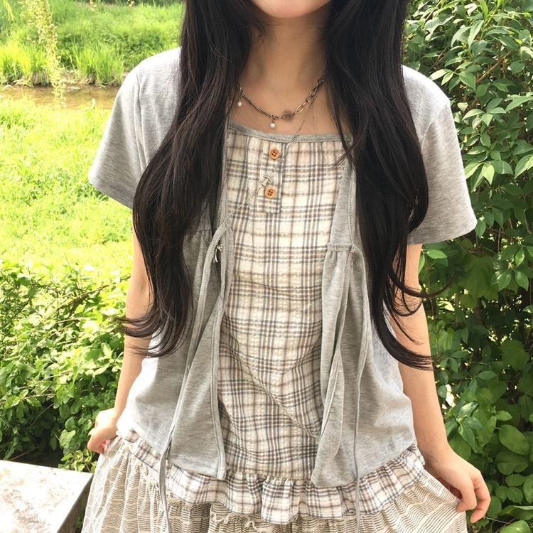 여름모리걸 레이어드 체크 리본 프릴 나시 일체형 반팔 티셔츠 블라우스 그레이