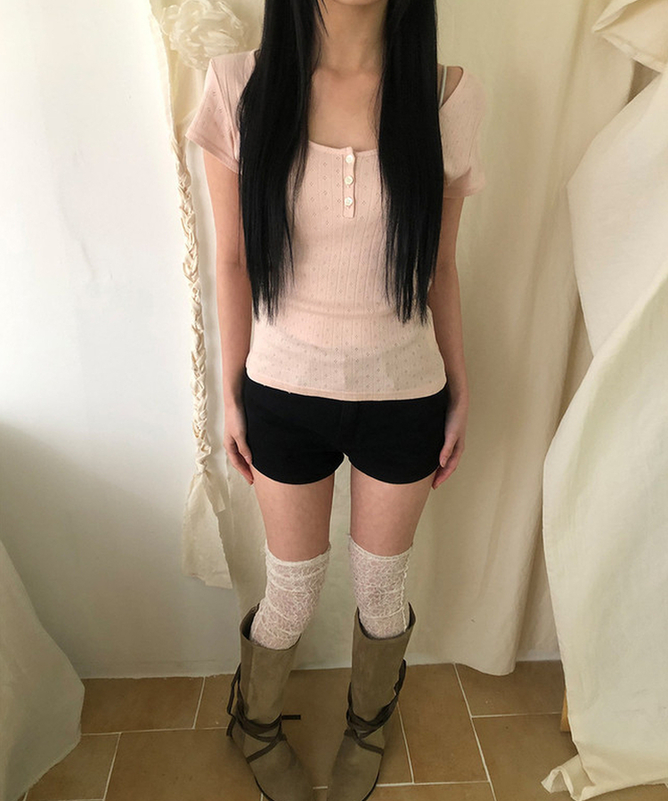 ディープUネックボタン半袖Tシャツ BABY PINK