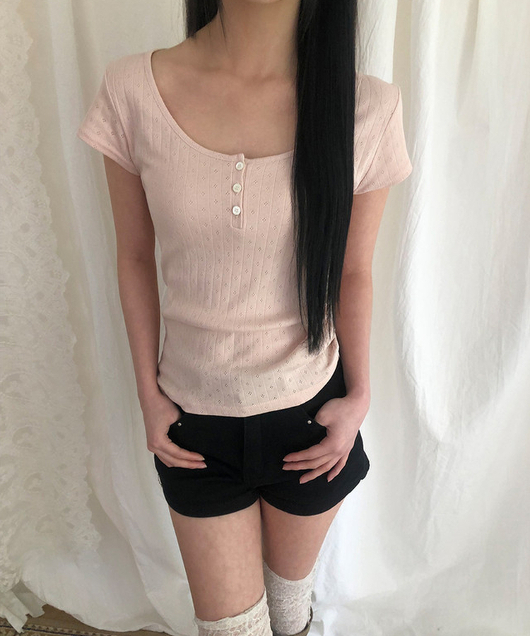 ディープUネックボタン半袖Tシャツ BABY PINK