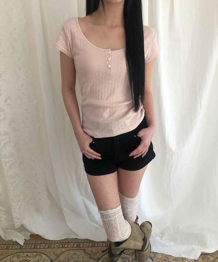 ディープUネックボタン半袖Tシャツ BABY PINK