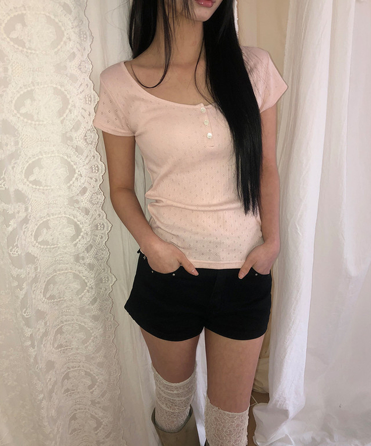 ディープUネックボタン半袖Tシャツ BABY PINK