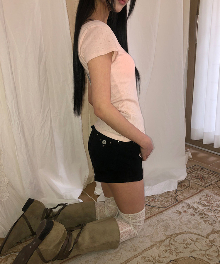 ディープUネックボタン半袖Tシャツ BABY PINK