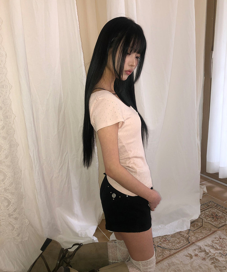 ディープUネックボタン半袖Tシャツ BABY PINK