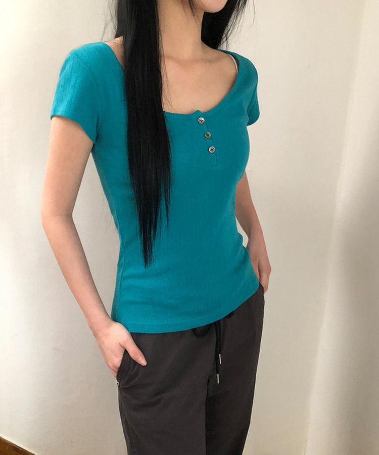 ディープUネックボタン半袖Tシャツ BLUEGREEN
