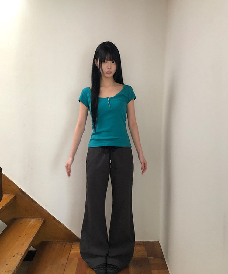 ディープUネックボタン半袖Tシャツ BLUEGREEN