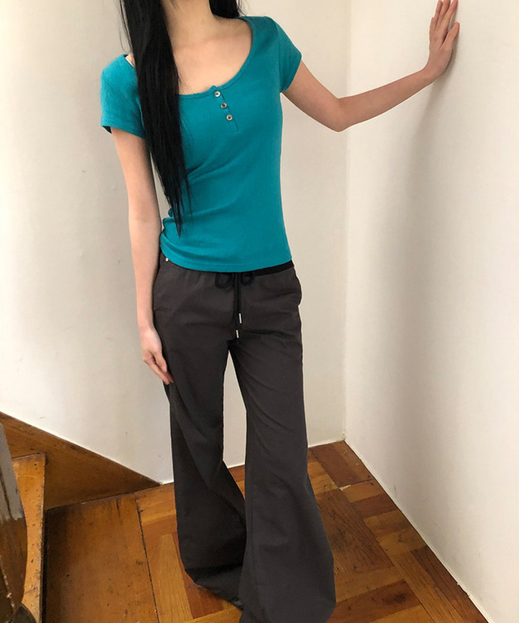 ディープUネックボタン半袖Tシャツ BLUEGREEN