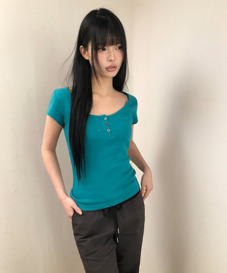 ディープUネックボタン半袖Tシャツ BLUEGREEN