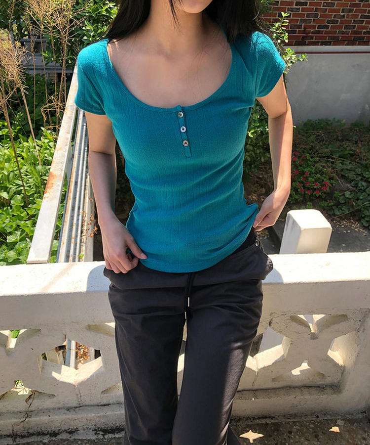 ディープUネックボタン半袖Tシャツ BLUEGREEN