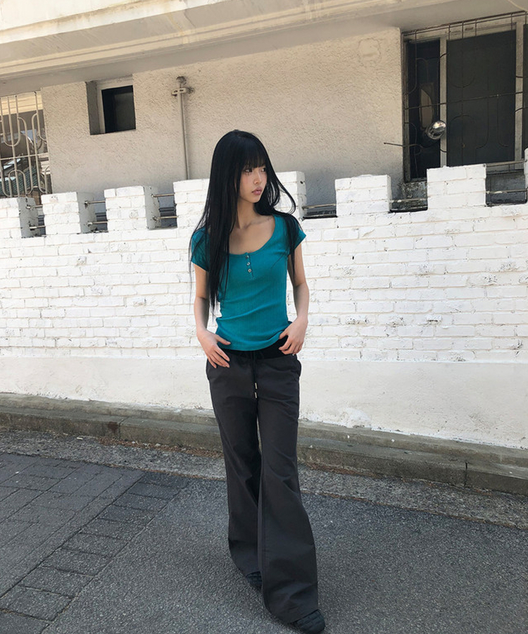 ディープUネックボタン半袖Tシャツ BLUEGREEN