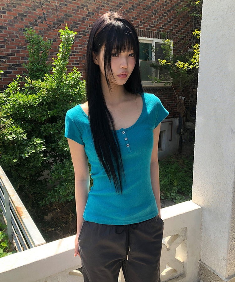 ディープUネックボタン半袖Tシャツ BLUEGREEN
