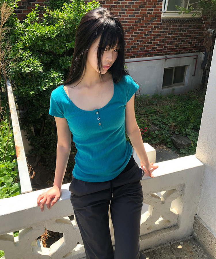 ディープUネックボタン半袖Tシャツ BLUEGREEN
