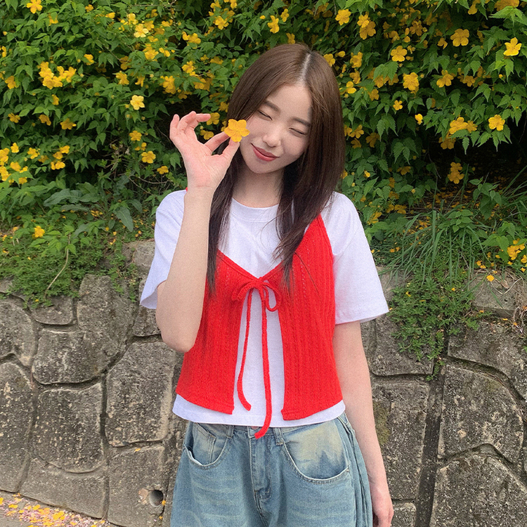 SET】ニットビスチェ 半袖T デニムワイドパンツ｜ツーピース｜韓国