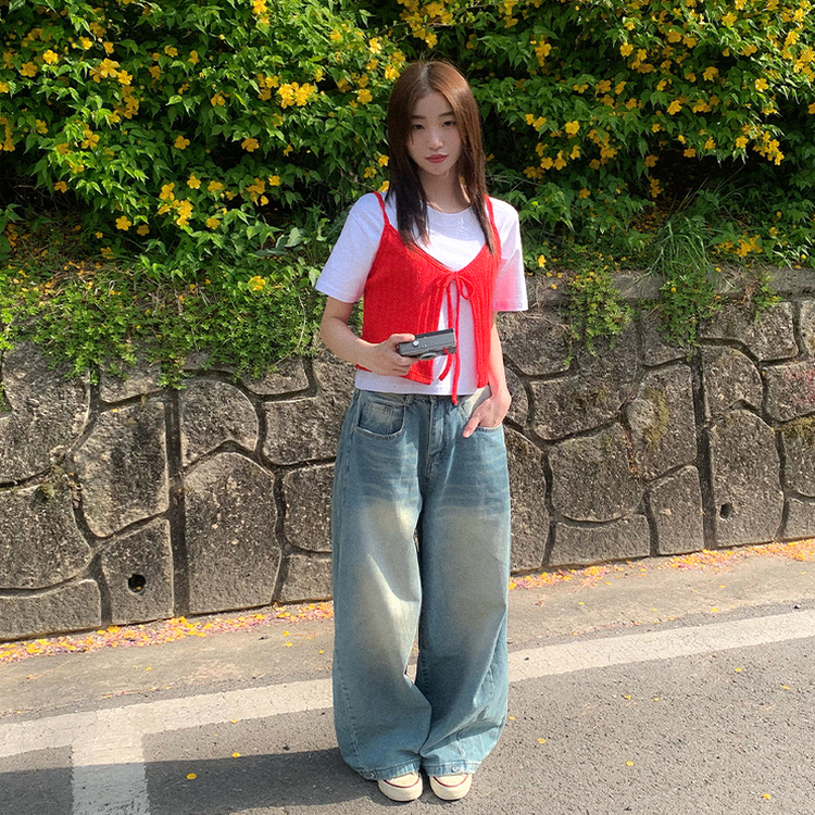 SET】ニットビスチェ 半袖T デニムワイドパンツ｜ツーピース｜韓国